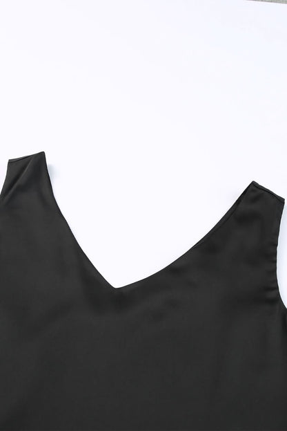 Black Deep V Neck Loose Tank Top Black 100%Polyester