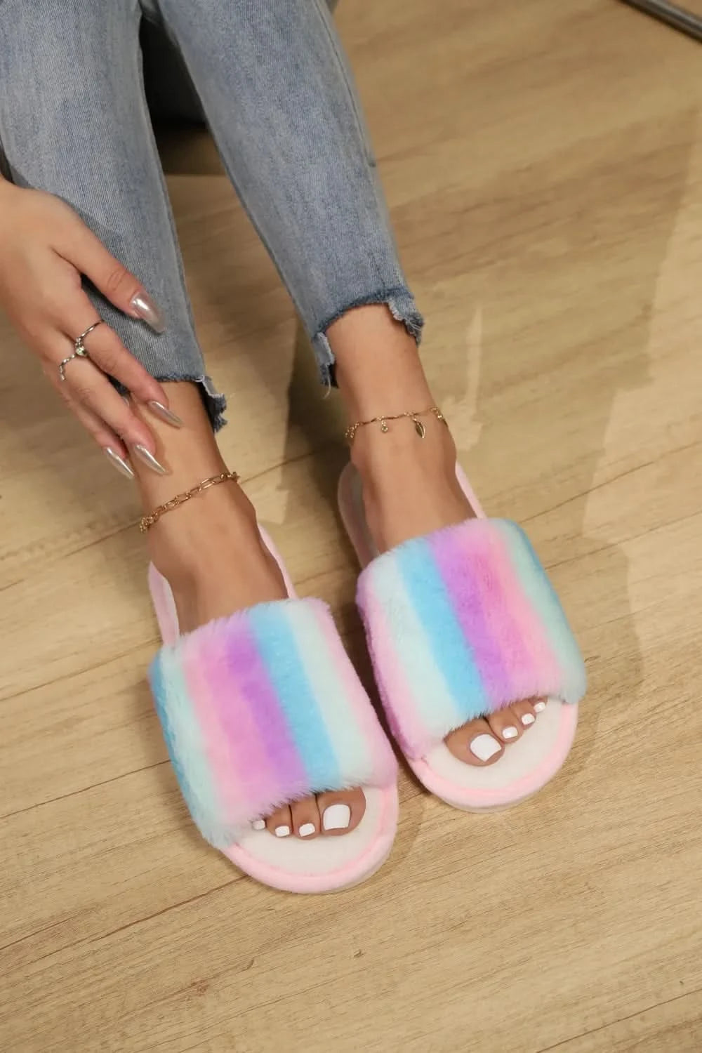Color Block Open Toe Faux Fur PVC Slippers Pink Multicolor