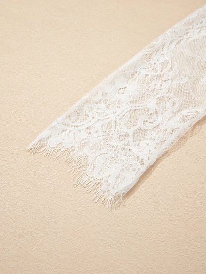 Lace Sleeve Patchwork Faux Two-piece Fuzzy Sweater White