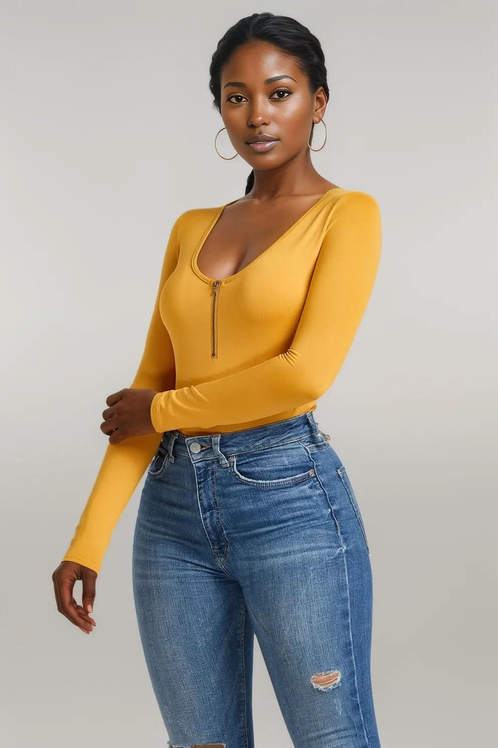 Half Zip Scoop Neck Long Sleeve Bodysuit Gold