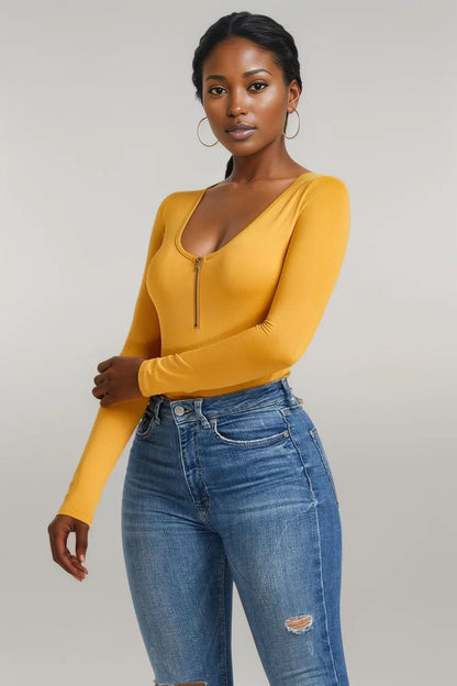 Half Zip Scoop Neck Long Sleeve Bodysuit Gold