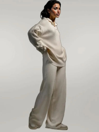 Johnny Collar Long Sleeve Top and Pants Sweater Set Cream One Size