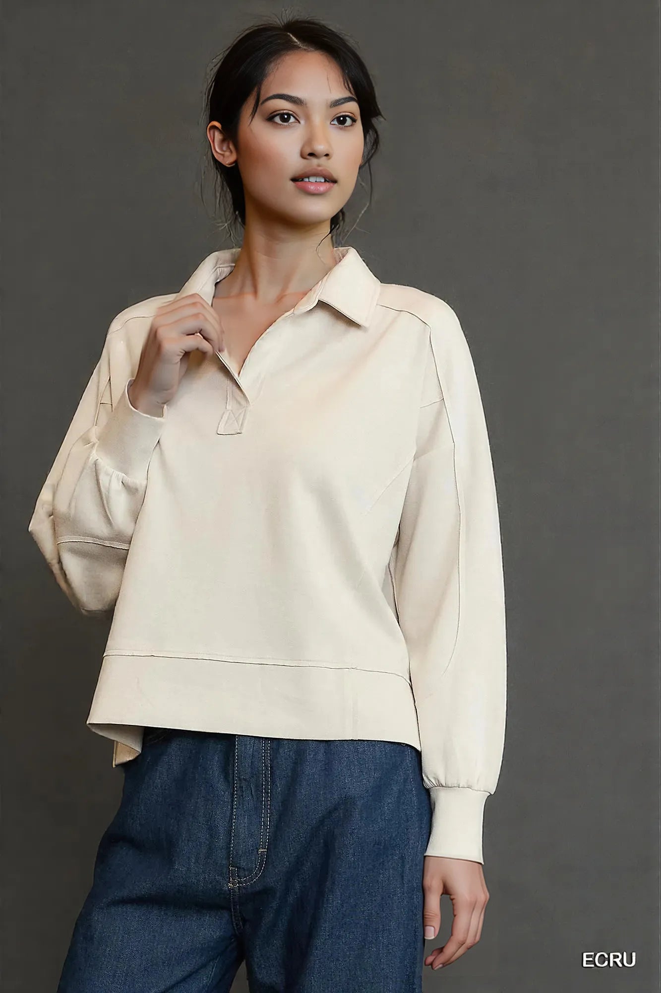Umgee Collared Neck Long Sleeve Top with Raw Hem Detail