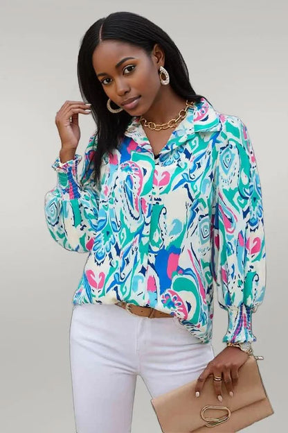 Printed Puff Sleeve Collared Blouse