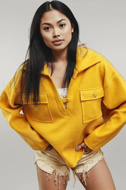 BiBi Flap Pockets Fleece Collared Sweatshirt HONEY MUSTARD