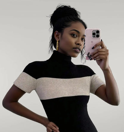 Color Block Turtleneck Ribbed Bodysuit