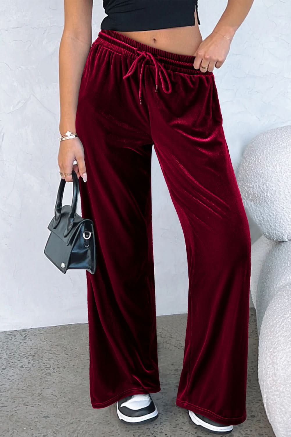 Black Solid Drawstring Waist Wide Leg Pants Burgundy 95%Polyester+5%Elastane