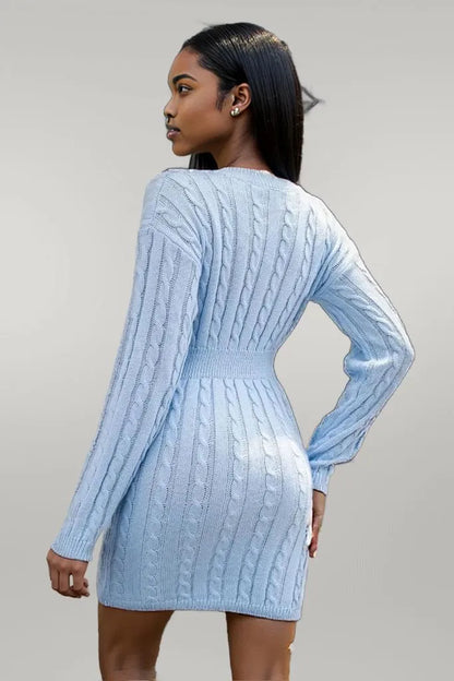 Cable-Knit V-Neck Long Sleeve Mini Sweater Dress