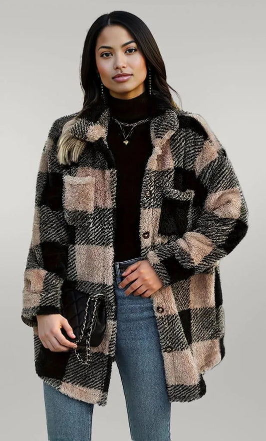 Button Down Collared Neck Plaid Teddy Coat with Pockets Black