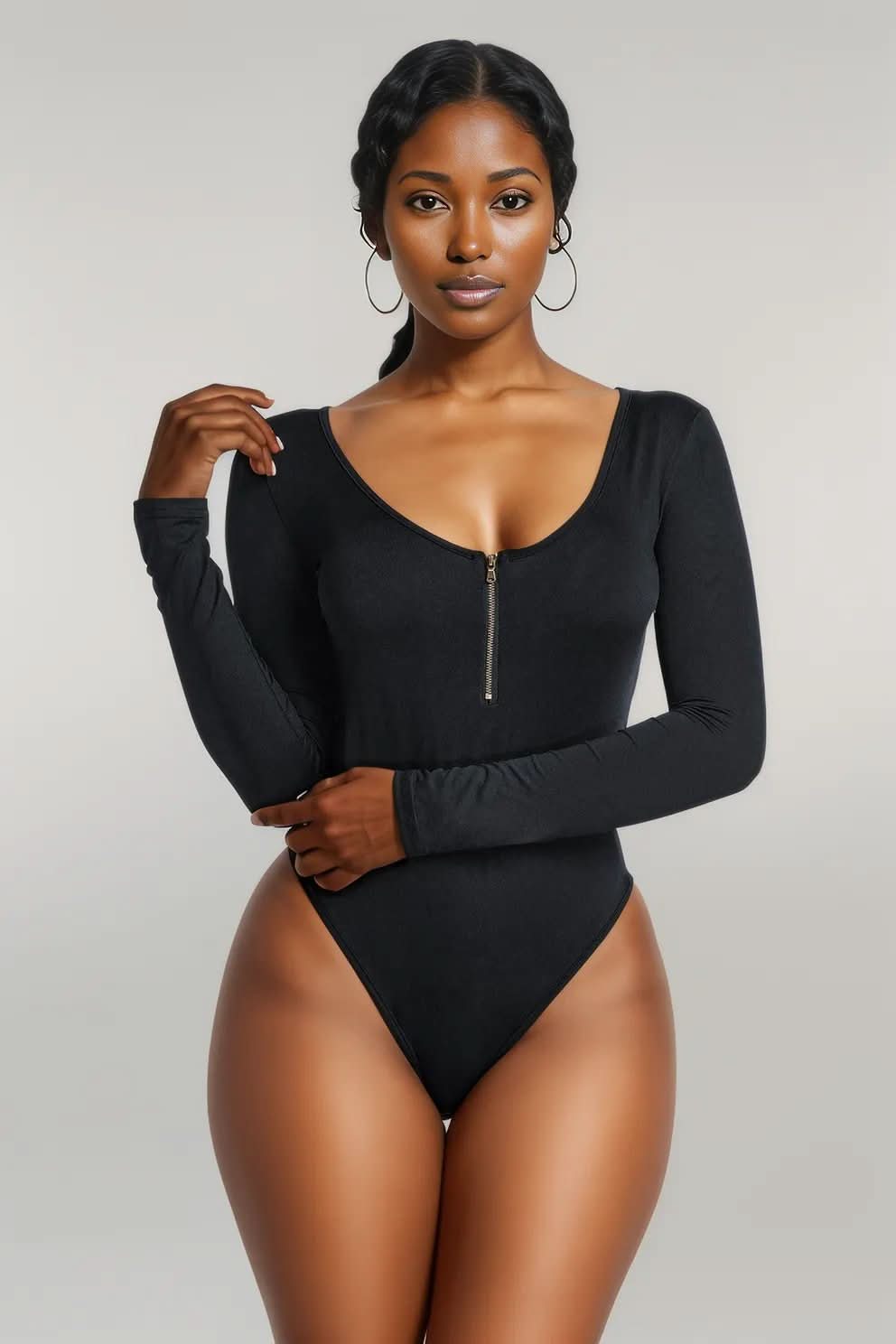 Half Zip Scoop Neck Long Sleeve Bodysuit Black