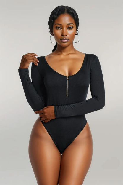 Half Zip Scoop Neck Long Sleeve Bodysuit Black