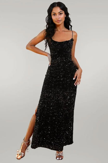 Sequin Backless Split Maxi Dress Black