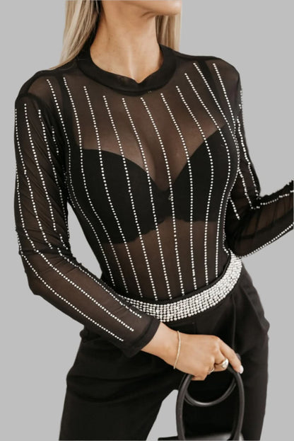 Black Rhinestone Decor Striped Mesh Long Sleeve Bodysuit Black 95%Polyamide+5%Elastane