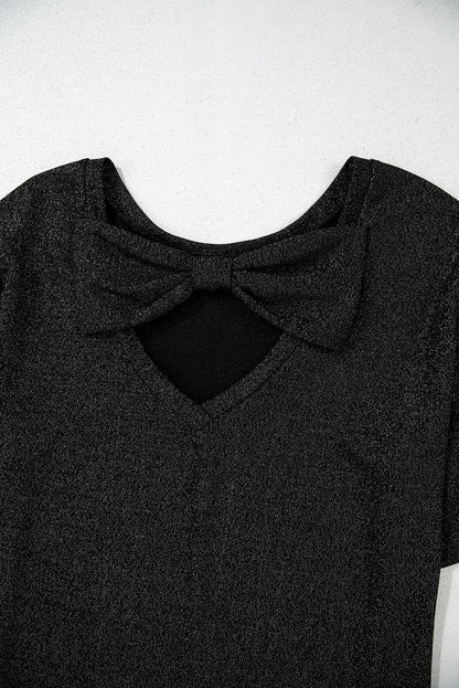 Black Bow Decor Glittery Short Sleeve Top Black 71.5%Polyamide+23.9%Metallized fibres+4.6%Elastane