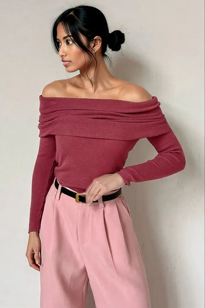 Off-Shoulder Long Sleeve Knit Top