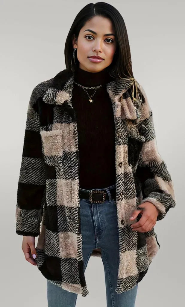 Button Down Collared Neck Plaid Teddy Coat with Pockets Black