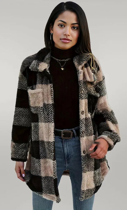 Button Down Collared Neck Plaid Teddy Coat with Pockets Black