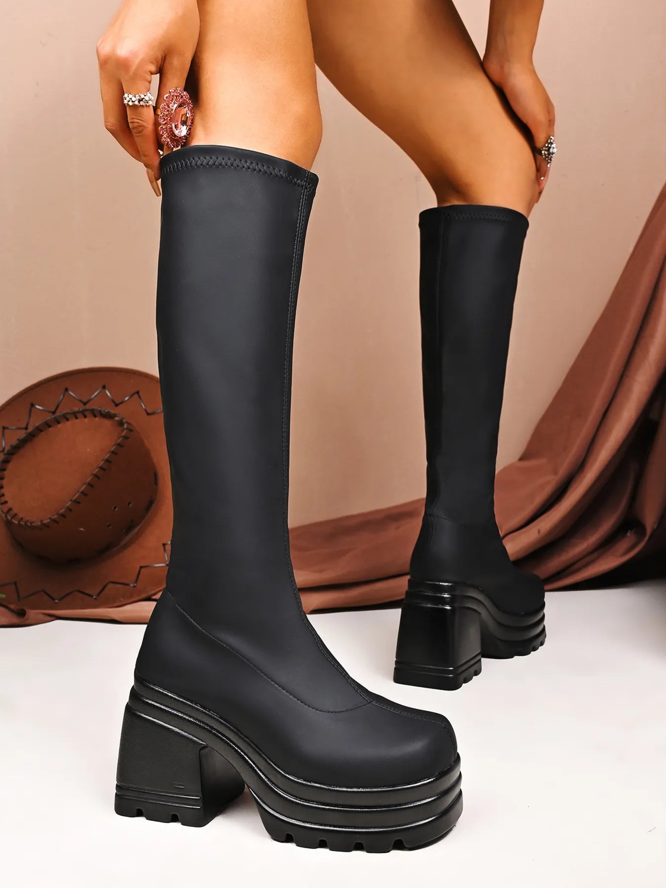 Square Toe Platform Block Heels Boots Black