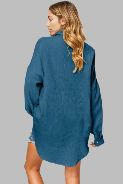 Double Take Full Size Pocketed Texture Button Up Shirt
