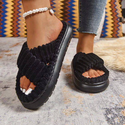 Crisscross Open Toe Platform Slippers Black