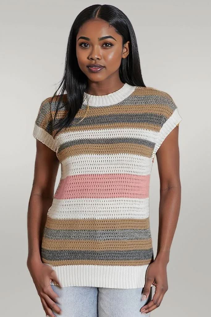 Pink Stripe Color Block Eyelet Knit Short Sleeve Sweater Tee