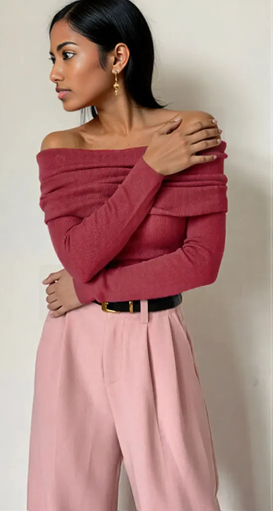 Off-Shoulder Long Sleeve Knit Top
