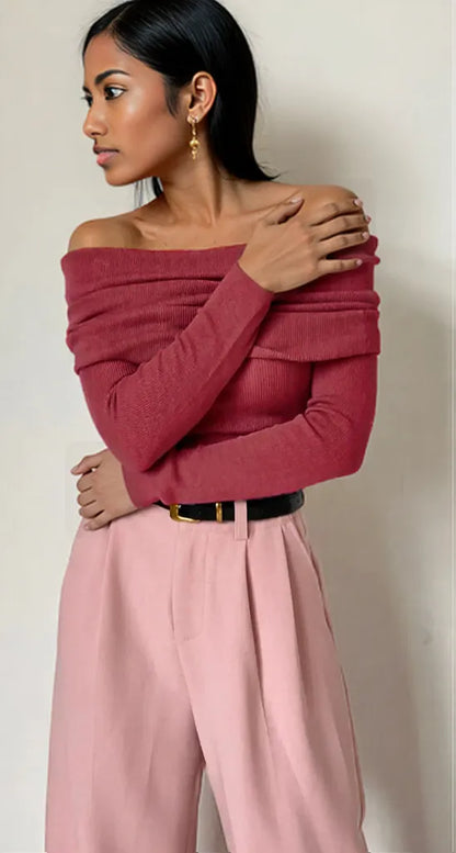 Off-Shoulder Long Sleeve Knit Top