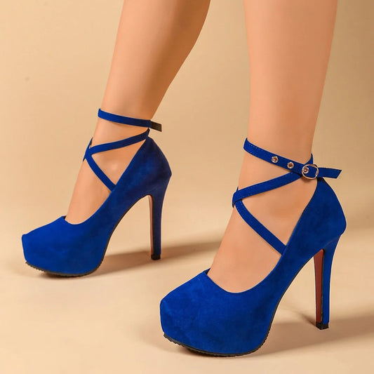 Ankle Strap High Heel Pumps Blue