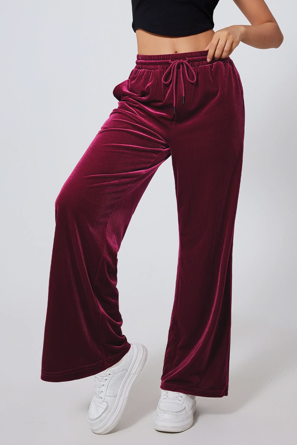 Black Solid Drawstring Waist Wide Leg Pants Burgundy 95%Polyester+5%Elastane