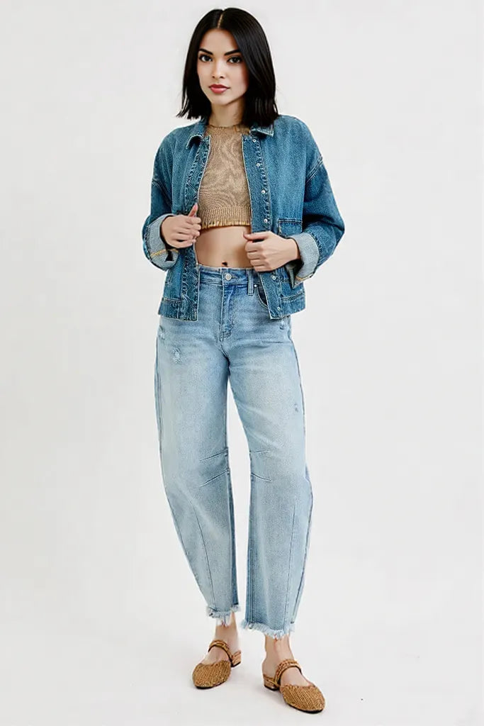 RISEN Oversized Cargo Pocket Denim Jacket with Cuffed Sleeves MEDIUM