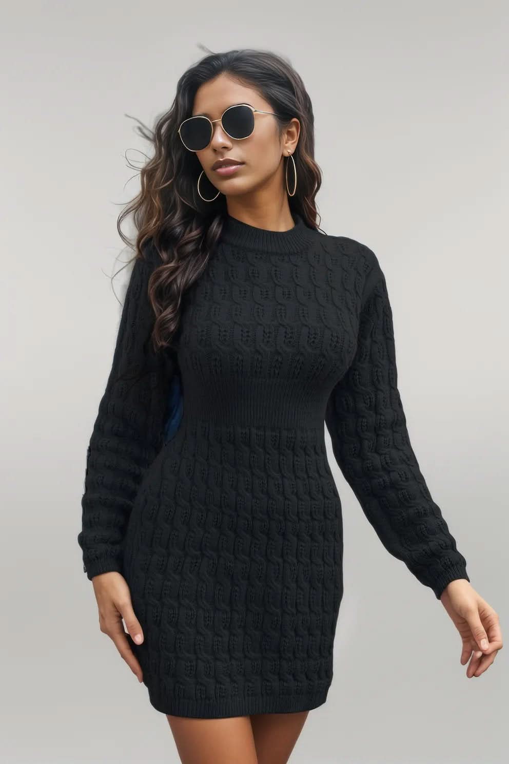 Cable-Knit Openwork Sweater Dress Black