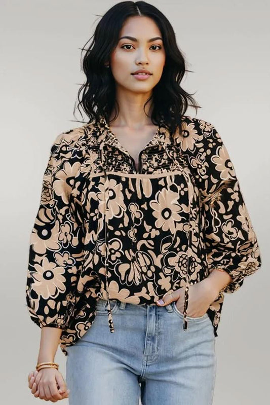 Black Floral Shirred Yoke Bracelet Sleeve Split Neck Boho Blouse Black 81%Viscose+19%Polyamide