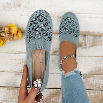Leopard Mesh Round Toe Flat Slip-Ons Pastel Blue