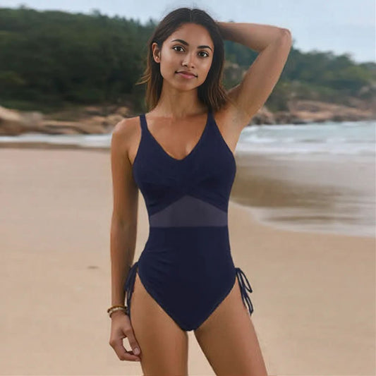 Drawstring Ruched V-Neck One-Piece Swimwear Dark Navy