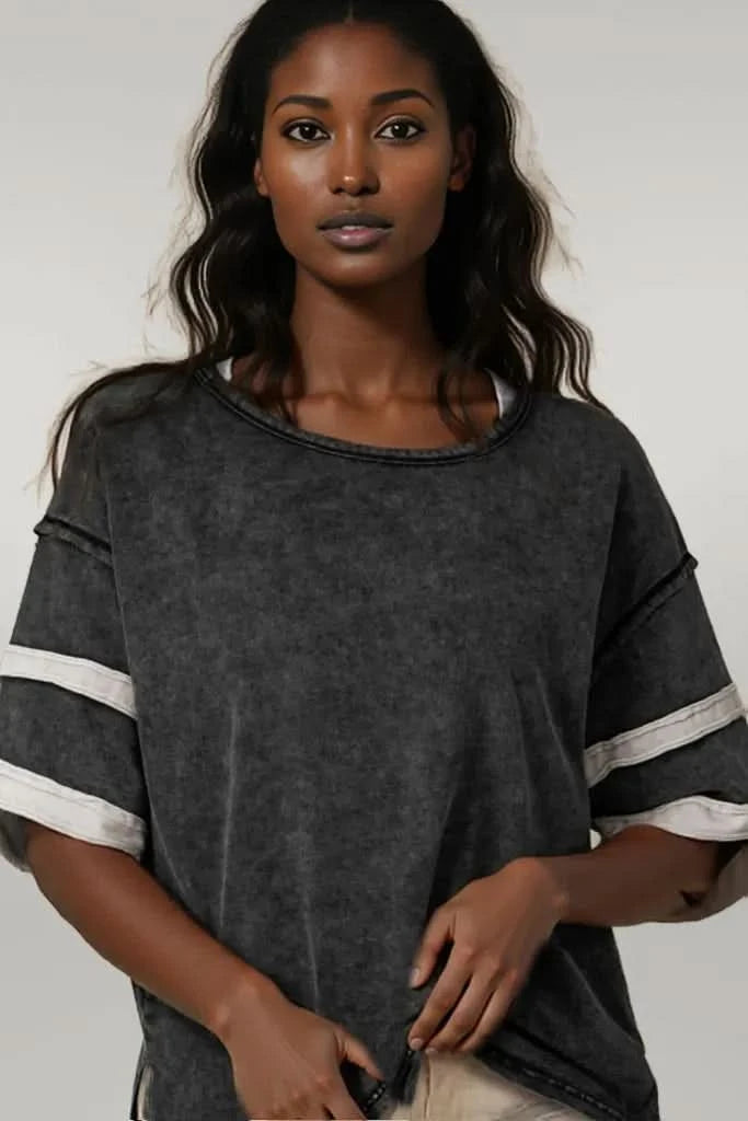 Contrast Round Neck Half Sleeve T-Shirt Black