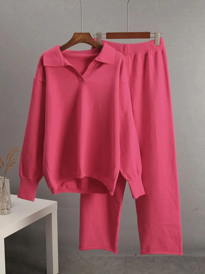 Johnny Collar Long Sleeve Top and Pants Sweater Set Hot Pink One Size