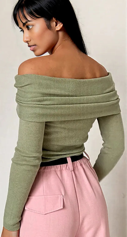 Off-Shoulder Long Sleeve Knit Top