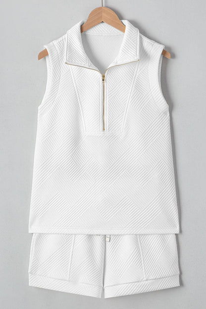 White Textured Half Zip Tank Top Drawstring Shorts Set White 97%Polyester+3%Elastane