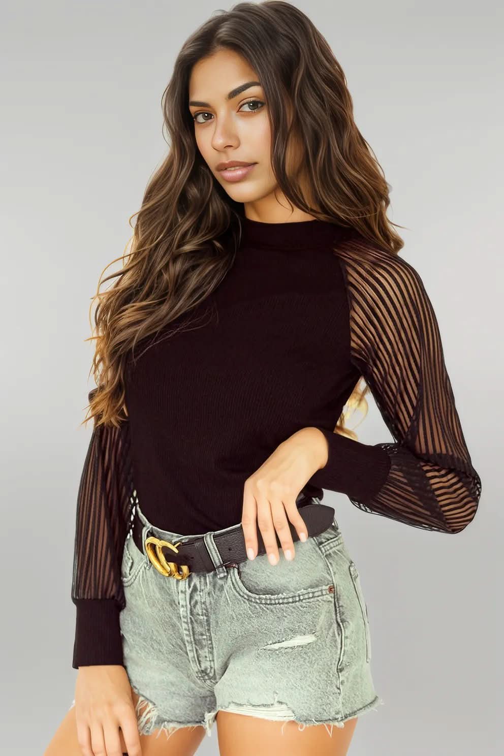 Black Striped Mesh Long Sleeve Crewneck Ribbed Top Black 93%Viscose+7%Elastane