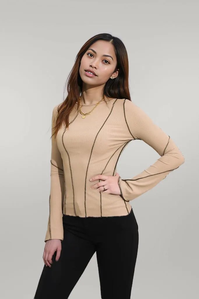 Ribbed Round Neck Long Sleeve Blouse