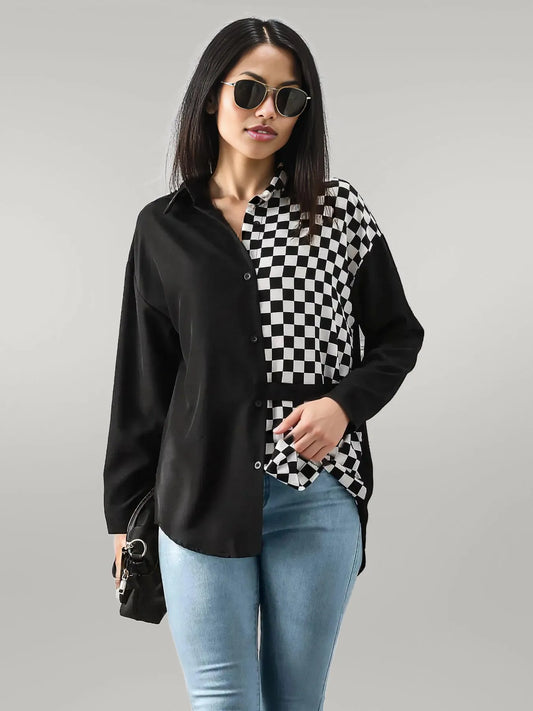 Checkered Pattern Long Sleeve Shirt Black White