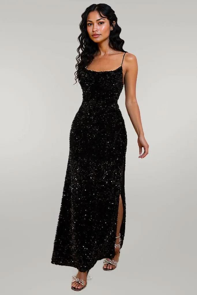 Sequin Backless Split Maxi Dress Black