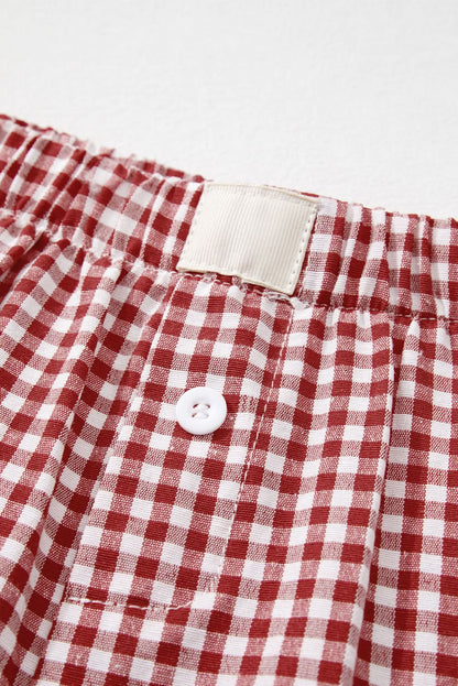 Red Plaid Gingham Printed High Waist Shorts Red Stripe 100%Polyester