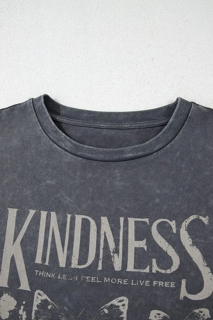 Kindness Butterflies Graphic Mineral Wash Loose Tee Dark Gray