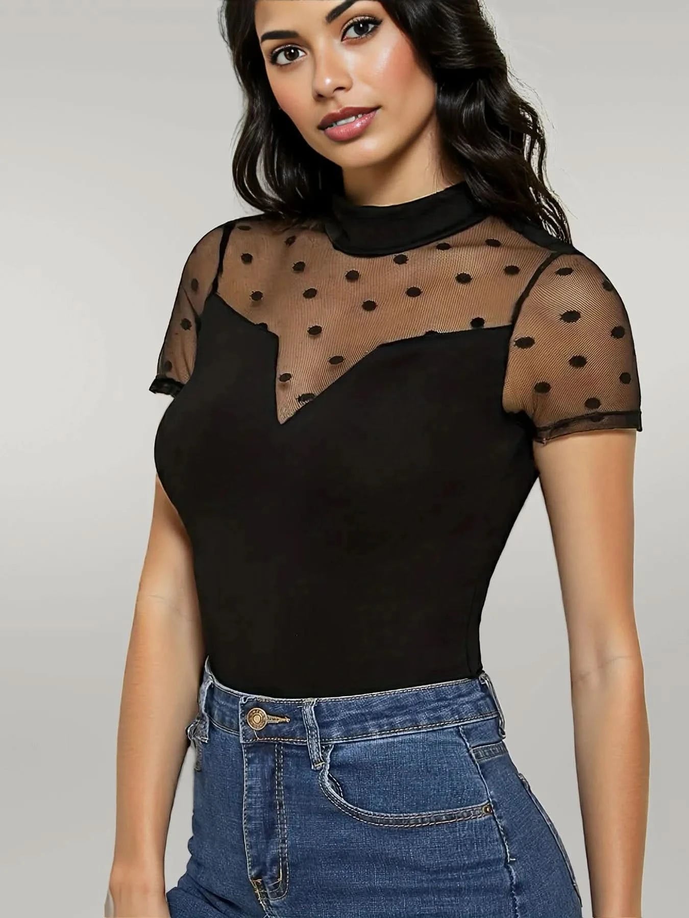 Mesh Polka Dot Mock Neck Top