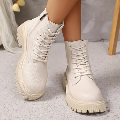 Lace Up Platform Boots Beige