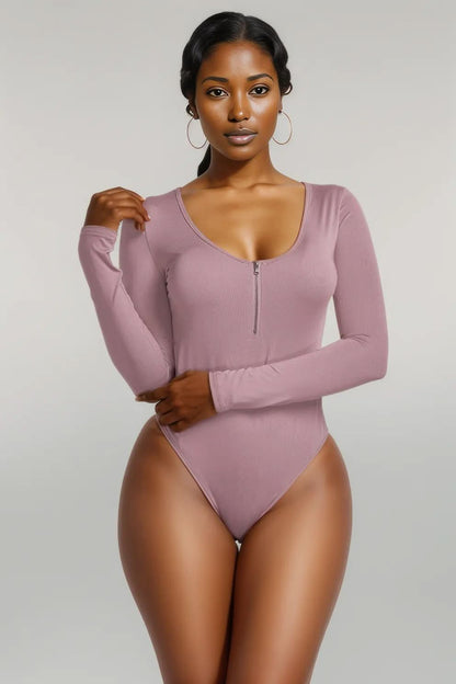Half Zip Scoop Neck Long Sleeve Bodysuit Dusty Pink