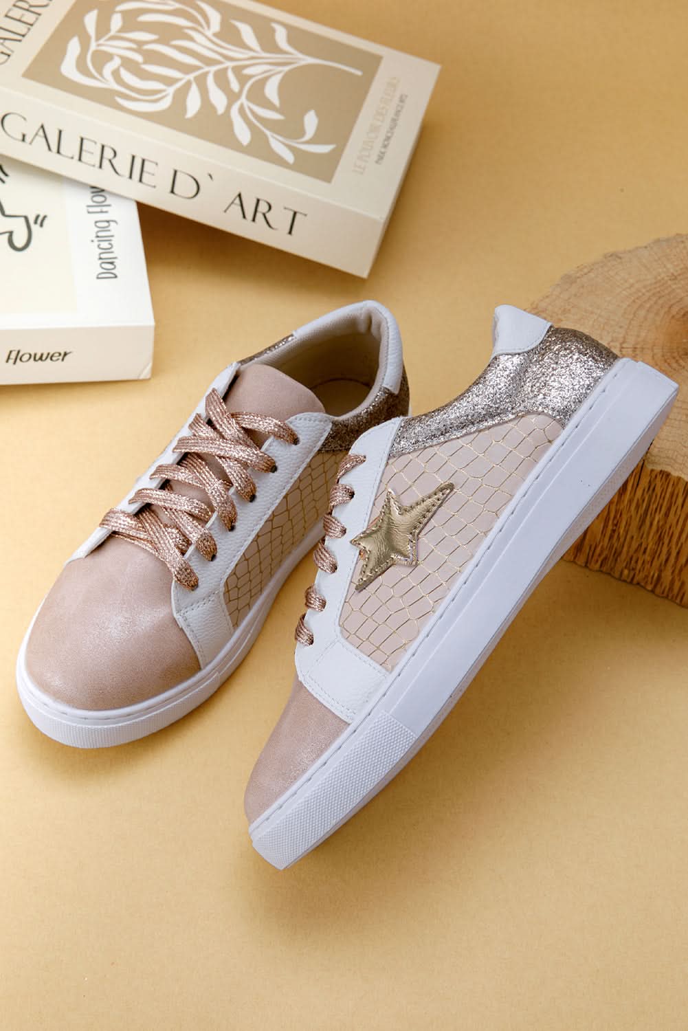 Gold Glitter Star Patchwork PU Leather Lace-up Sneakers Gold 70%PVC+30%PU