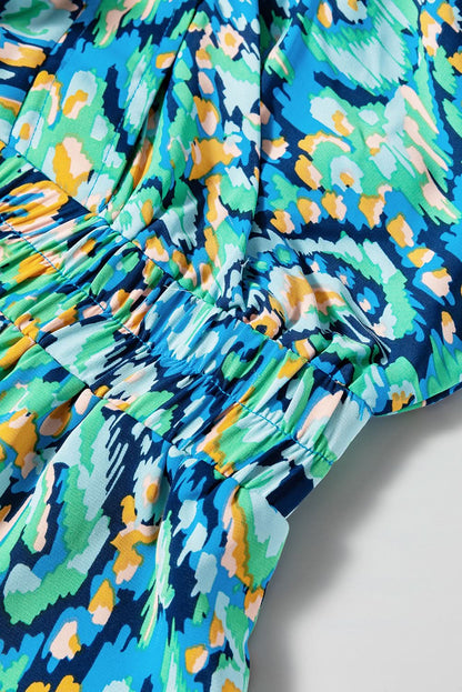 Pink Abstract Print Puff Sleeve V Neck High Waist Romper Green 100%Polyester