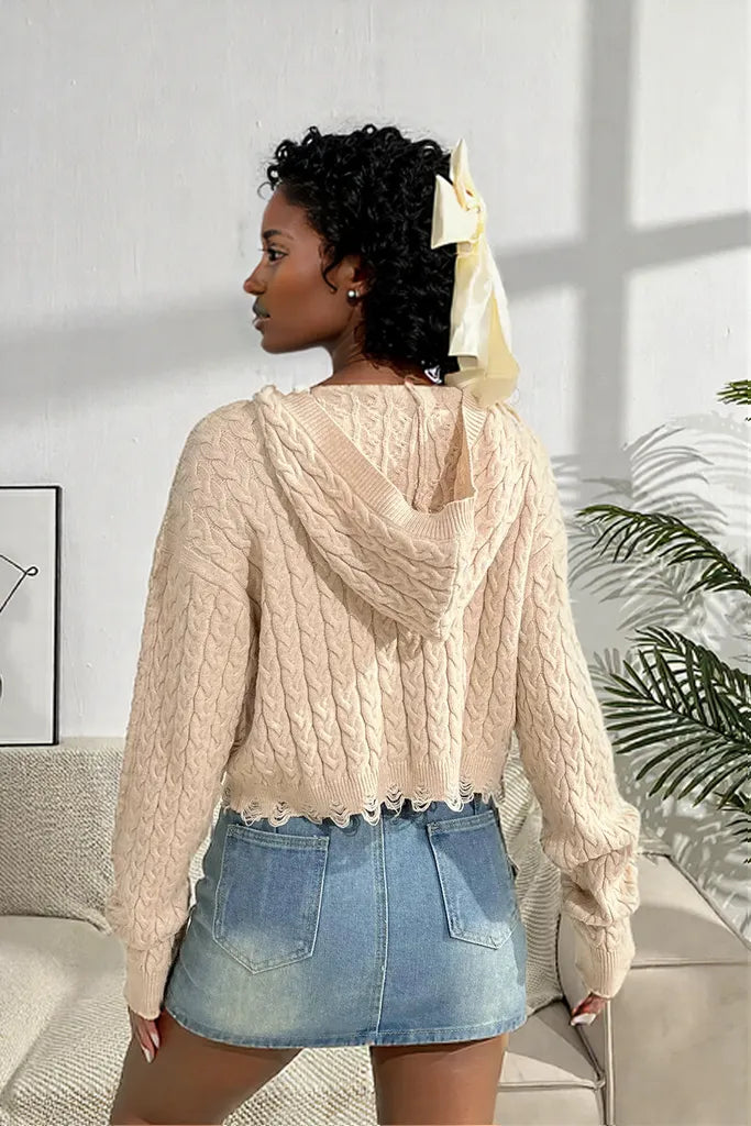 Cable-Knit Dropped Shoulder Hooded Sweater